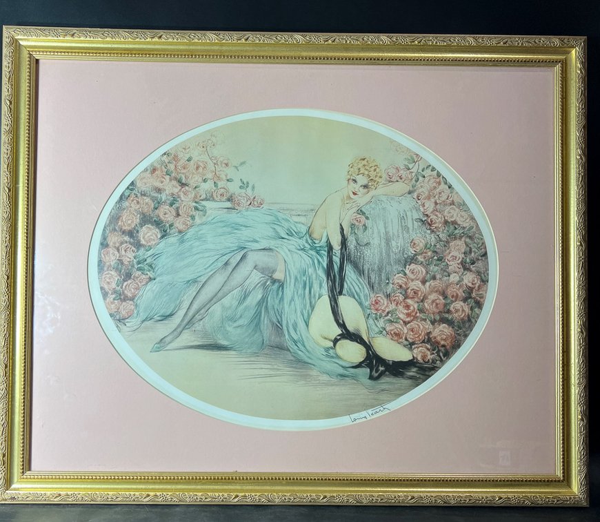 Framed Art Print By Louis Icart, Pink Mat, Gold Frame