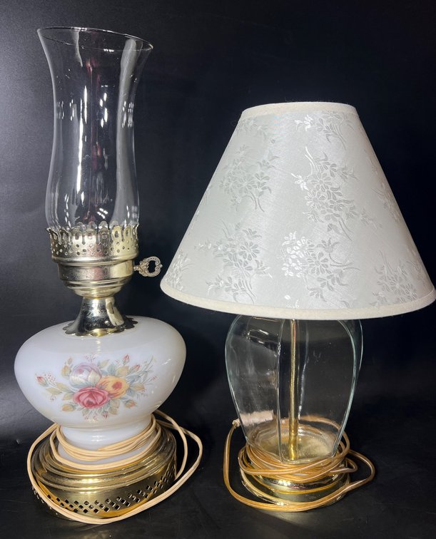 Two Table Lamps: Hurricane Lamp and Glass Lamp with Shade