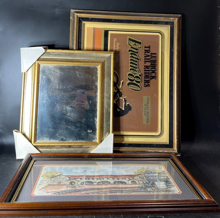 Framed Art Including Enduro ’80 Poster, Larry Bridges Railroad Drawing, and Gold Framed Mirror