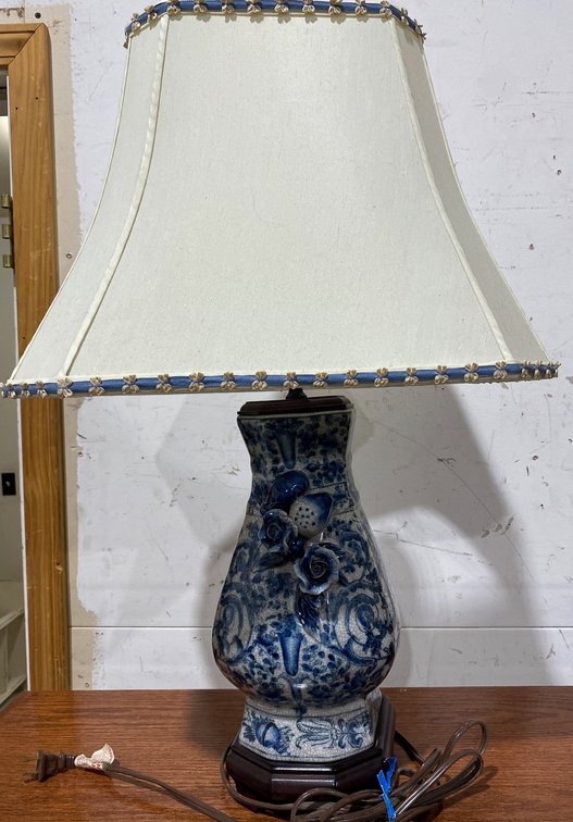 Blue and White Ceramic Table Lamp with Floral Motif and Fabric Shade, 27×13 Inches