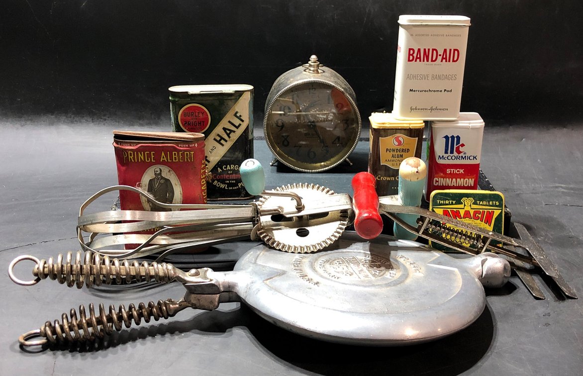 Vintage Kitchen Tools, Clock, and Advertising Tins Collection
