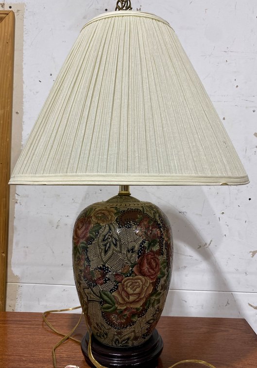 Floral Ceramic Table Lamp with Shade and Brass Finial