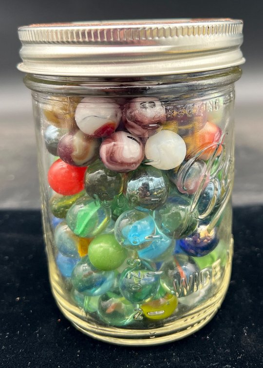 Glass Marbles in Mason Jar with UV Reactive Pieces