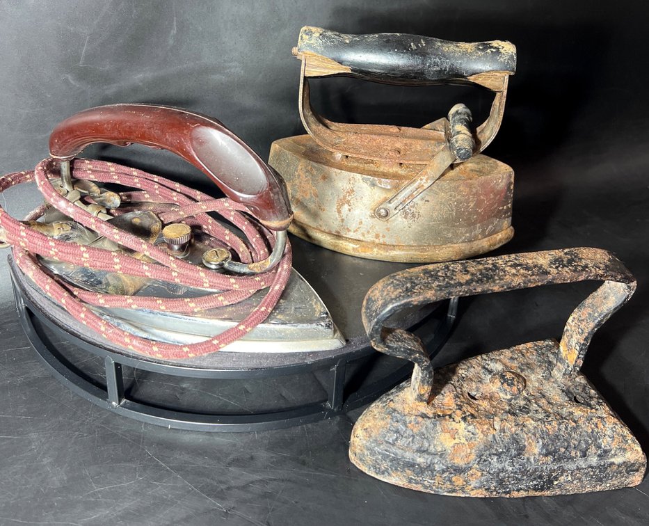 Three Vintage Irons, Including Singer Electric and Cast Iron Models