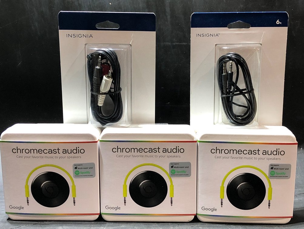 3 Unopened Google Chromecast Audio Speakers with 2 Insignia Audio Cables
