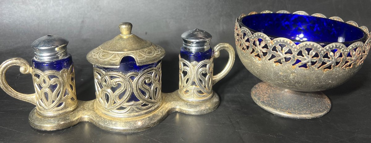 Cobalt Blue Glass Condiment Set with Silver-Tone Overlay and Matching Bowl
