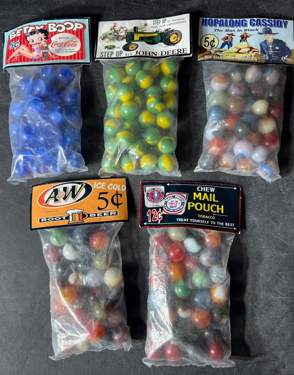 Five Bags of Themed Marbles with Vintage-Style Labels