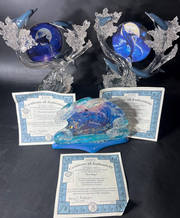 Three Bradford Exchange Dolphin-Themed Sculptures with Certificates