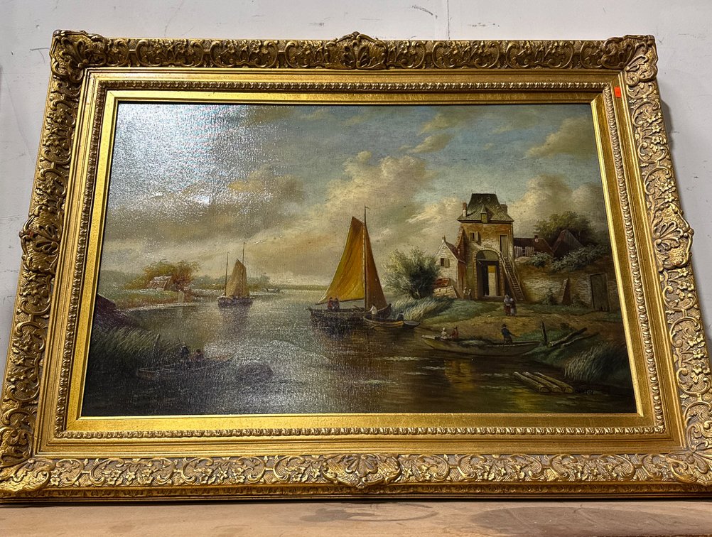 Framed Giclee Art Print Featuring Waterway Scene – 34 x 46 Inches
