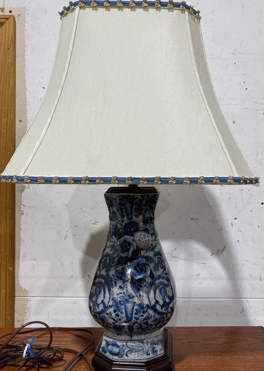 Blue and White Ceramic Table Lamp with Floral Design, 27×13 Inches
