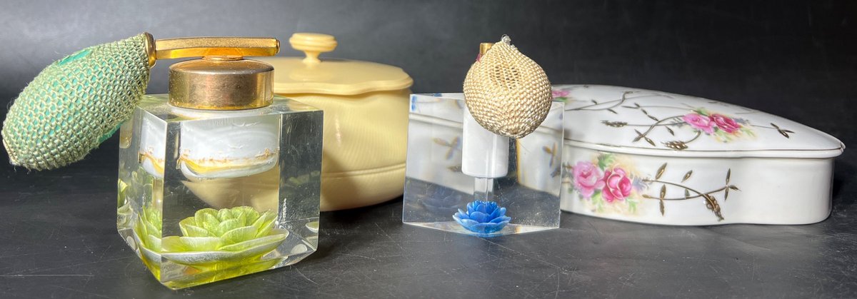 Vintage Vanity Jars, Powder Box, and Perfume Bottles