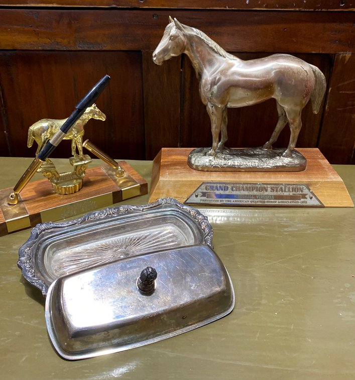 Horse-Themed Trophies and Silver-Plated Butter Dish Collection