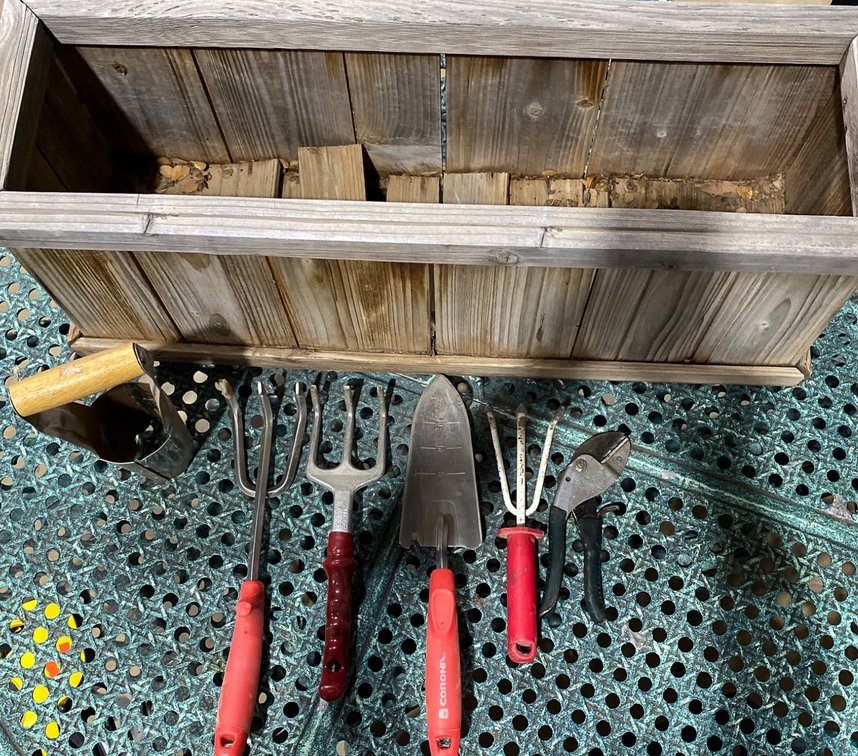 Wooden Planter Box With Assorted Gardening Tools