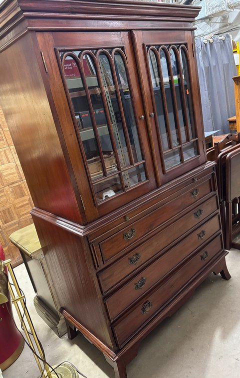Wooden Cabinet with Glass Doors and Drawers, 38 x 20 x 64 Inches