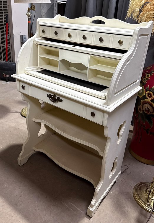 Cream Roll-Top Writing Desk with Storage 26 x 17 x 43 Inches