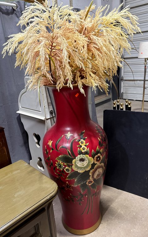 Large 42-Inch Red Ceramic Vase with Hand-Painted Floral Design