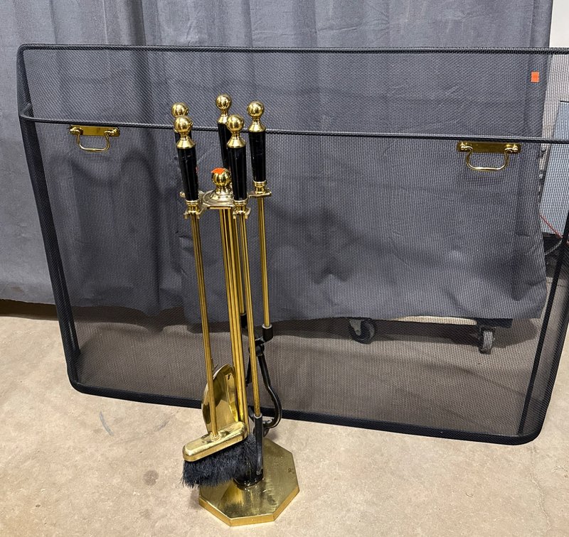 Fireplace Screen with Heavy Duty Tools, Brass and Black Finish