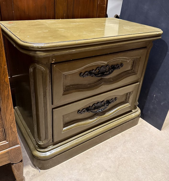 Two-Drawer Olive Green Wooden Nightstand with Decorative Pulls