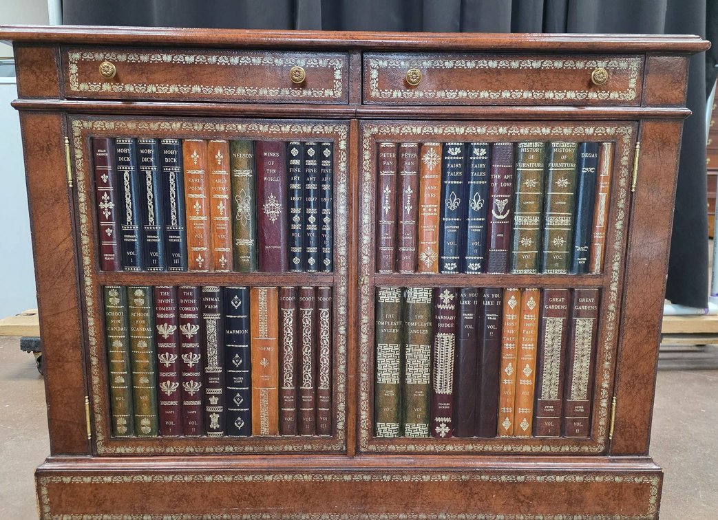 Maitland-Smith Book Motif Cabinet, 31.5″ Tall, 42″ Long, 19″ Wide
