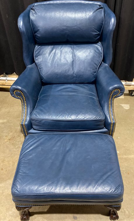 Blue Leather Wingback Chair with Nailhead Trim and Matching Ottoman