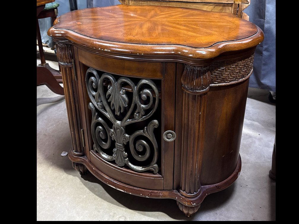Wooden Side Table with Metal Scrollwork Cabinet Doors, 29.5 x 22 x 25 Inches