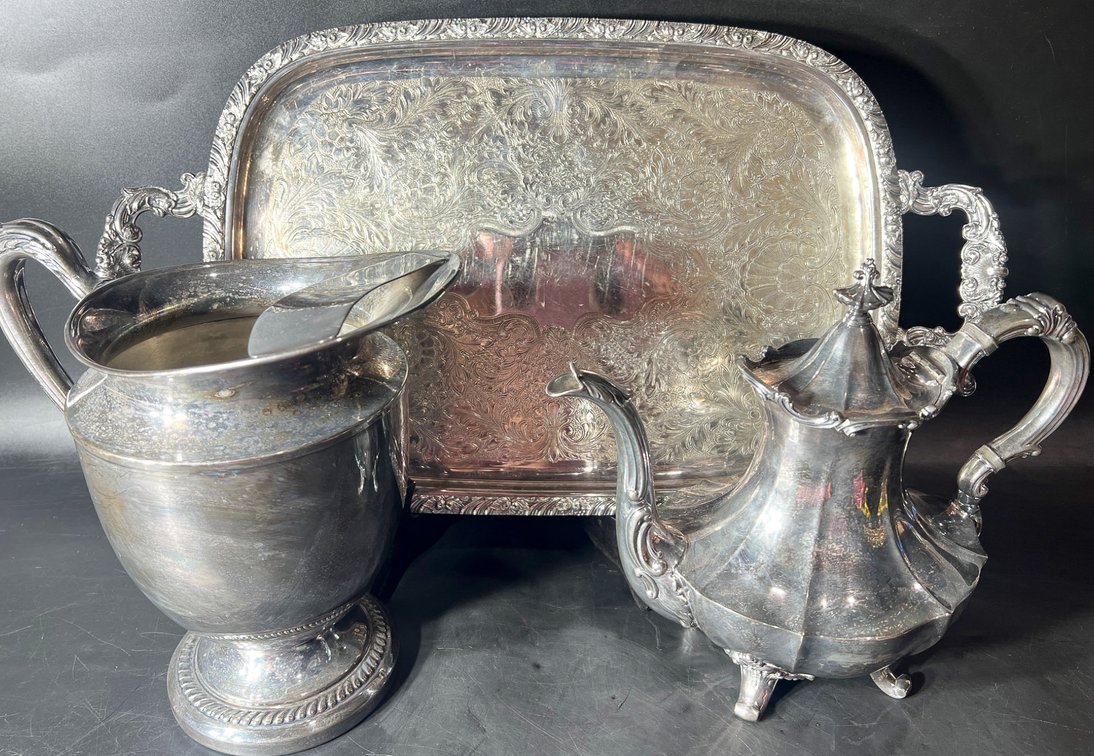 Henley Community Ltd Tray with English Silver Manufacturing Co. Pitcher and Barton Victorian Teapot