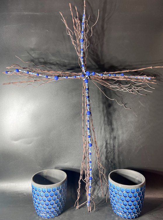Decorative Twig Cross with Blue Beads and Hexagonal Blue Ceramic Pots