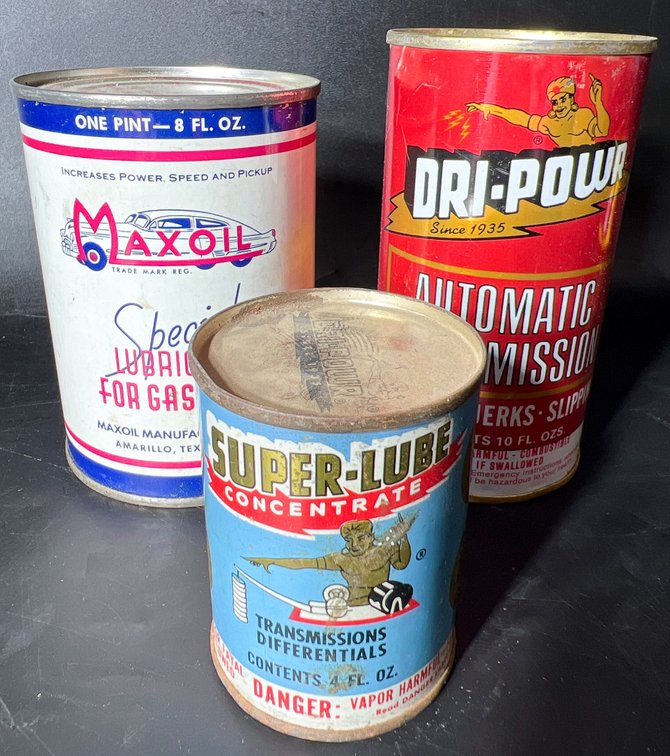 3 Vintage Automotive Lubricant Cans – Maxoil, Super-Lube, Dri-Powr