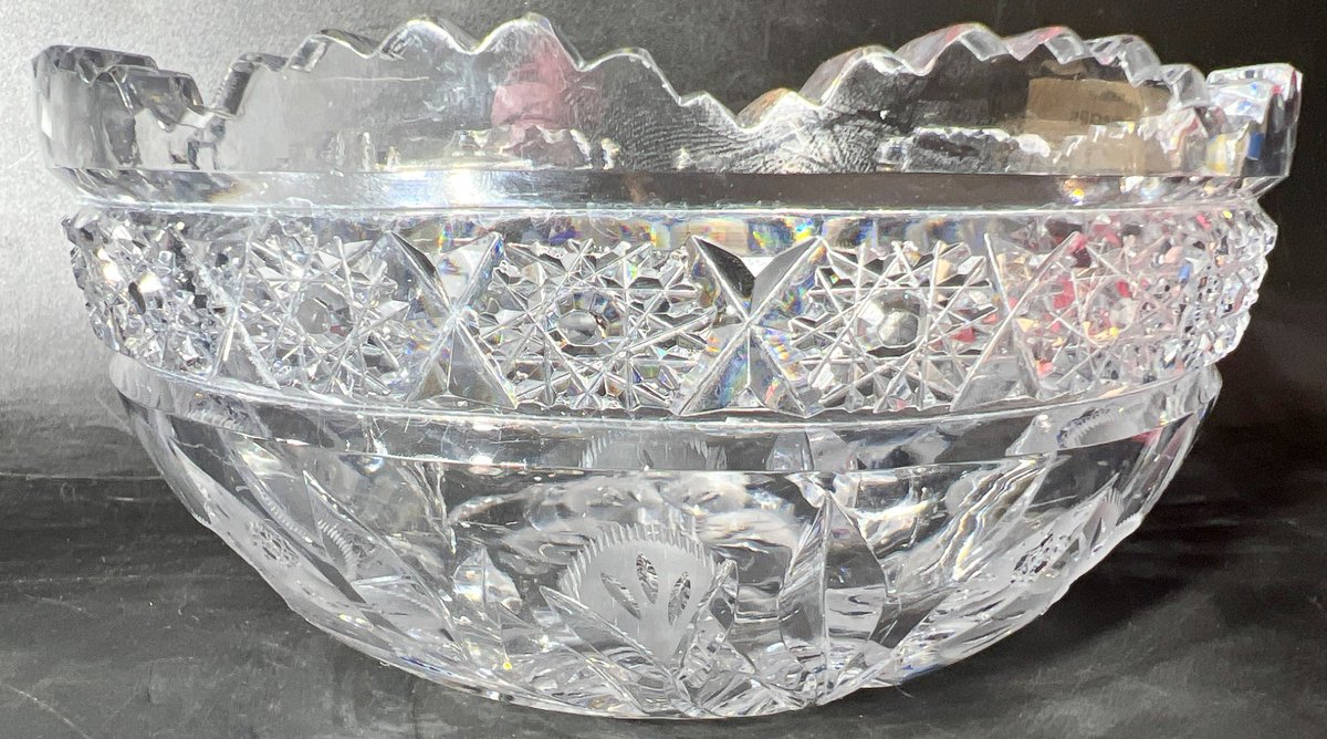 Crystal Bowl with Intricate Cut Patterns and Scalloped Rim