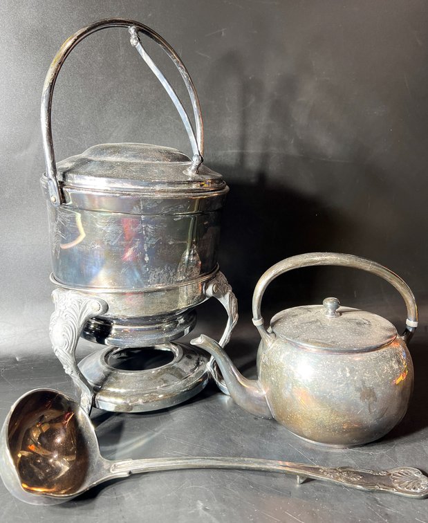 Silver-Plated Tea Set With Ladle, Teapot, and Warming Pot