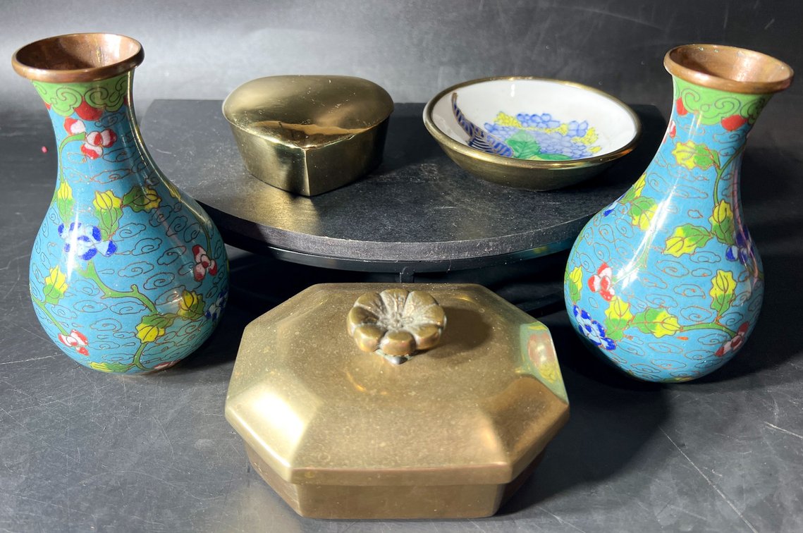 Cloisonne Vases, Brass Boxes, and Japanese Porcelain Dish