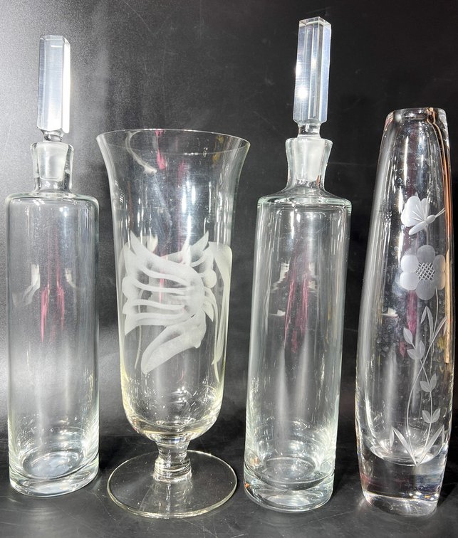 Four Etched Glassware Pieces Including Decanters and Vases