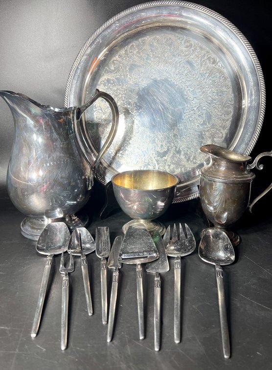 Silver-Plated Serving Set with Tray, Hollowware, and Flatware