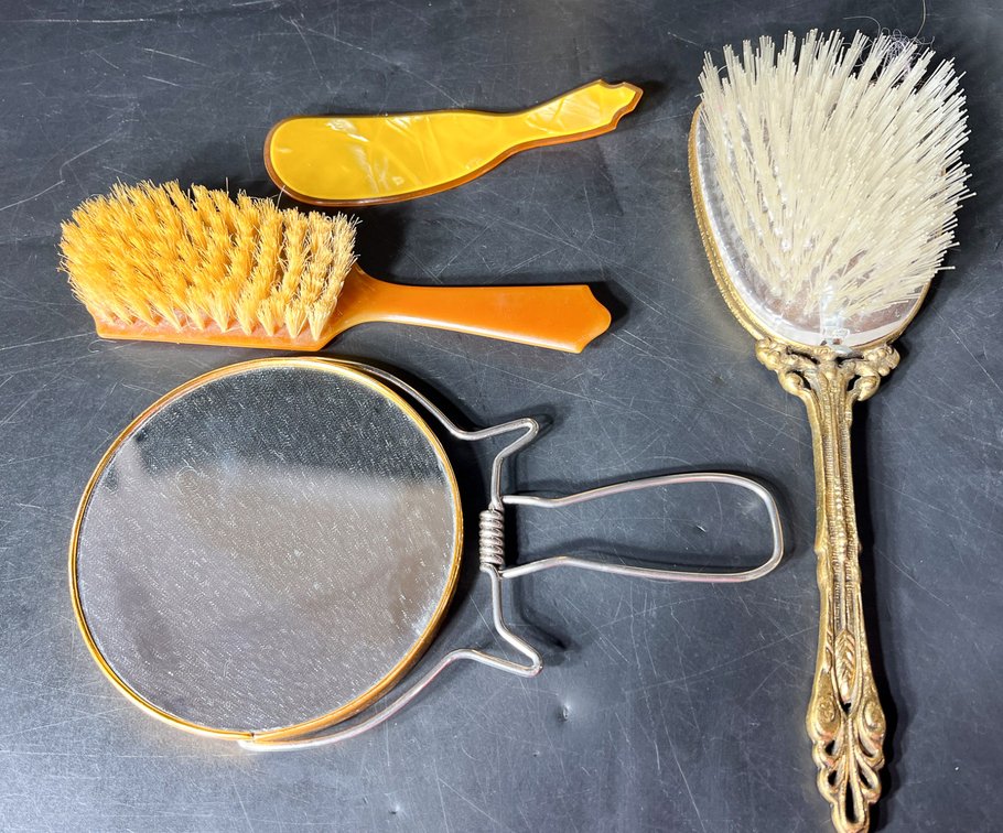 Four-Piece Vanity Set with Mirror, Brushes, and Comb