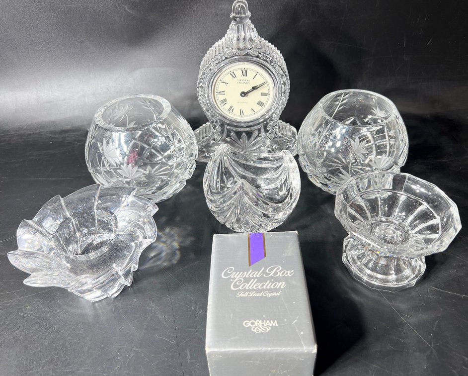 Crystal Items Including Godinger Clock and Gorham Butterfly Box
