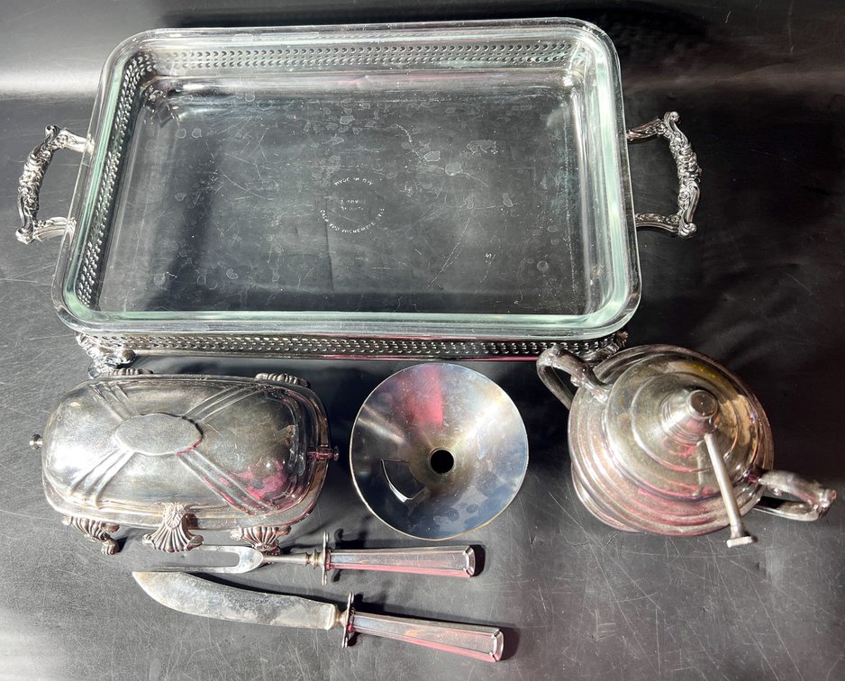 Silver and Glass Tableware Items Including Rogers and Poole