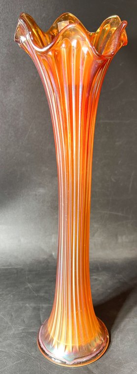 Mid-Century Marigold Orange Iridescent Carnival Glass Swung Vase