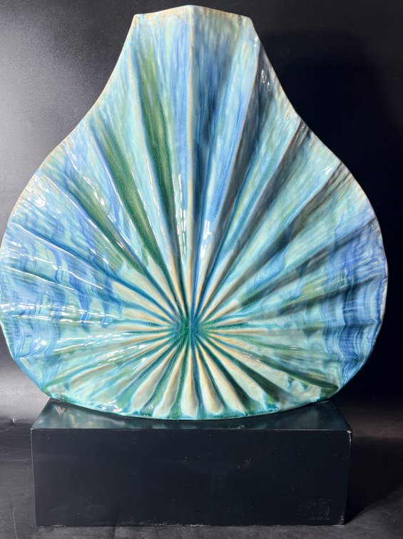 Blue Glazed Ceramic Shell Sculpture on Black Base