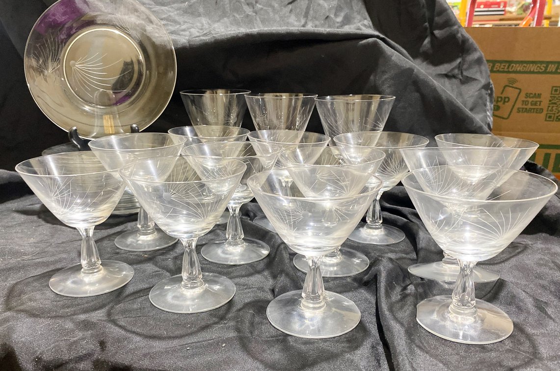 Fostoria Etched Glassware Set of Plates and Stemmed Glasses
