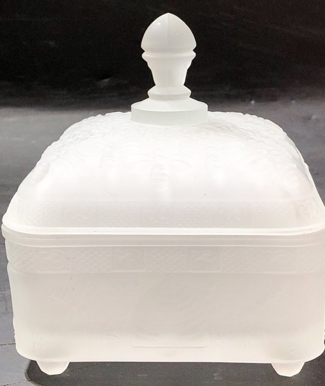Frosted Glass Lidded Box with Decorative Bee Motif and Finial Knob