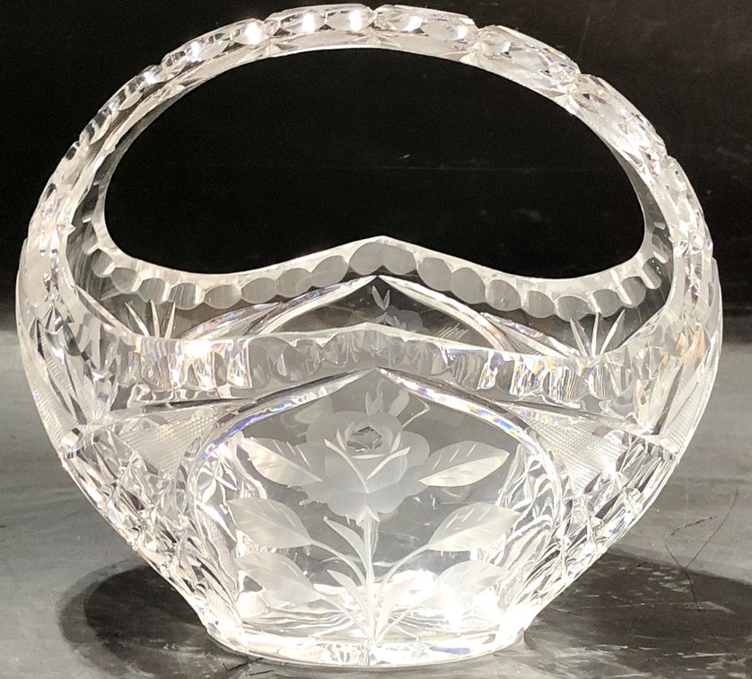 Cut Crystal Basket with Floral and Geometric Engraved Design