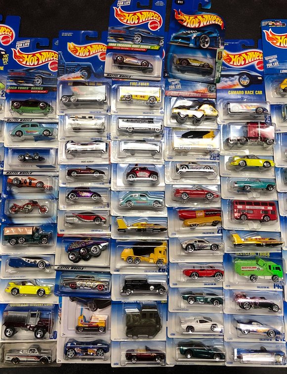 70 Hot Wheels Diecast Cars Plus 2 Treasure Hunt Series Cars, New in Packaging