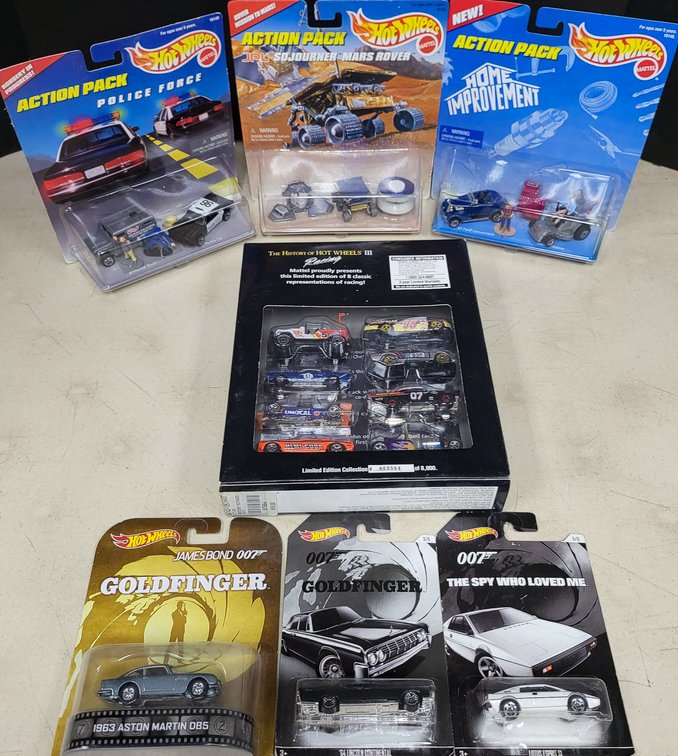 Hot Wheels Action Packs, History of Racing III, and James Bond Cars