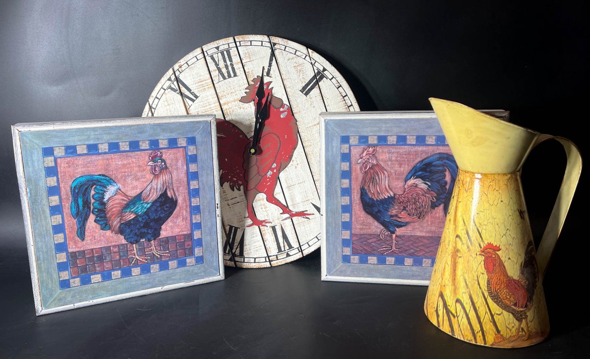 Rustic Rooster-Themed Wall Art, Pitcher, and Clock Set