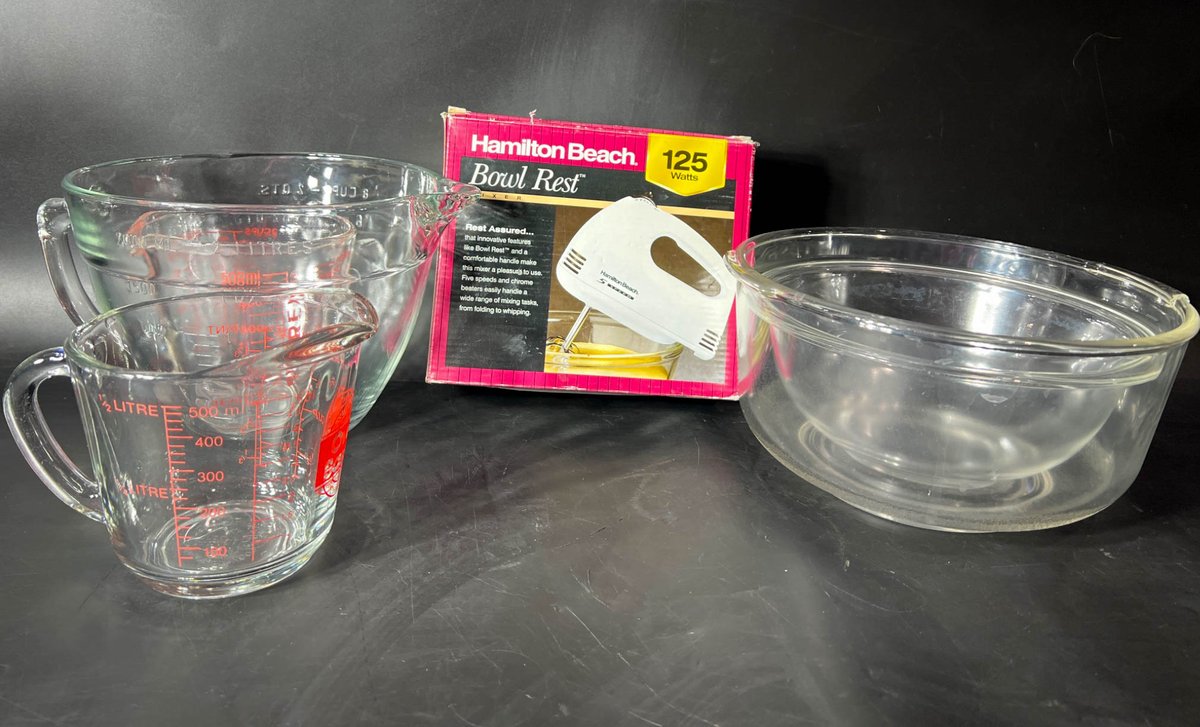 Pyrex Measuring Cups, Glass Bowls, and Hamilton Beach Hand Mixer