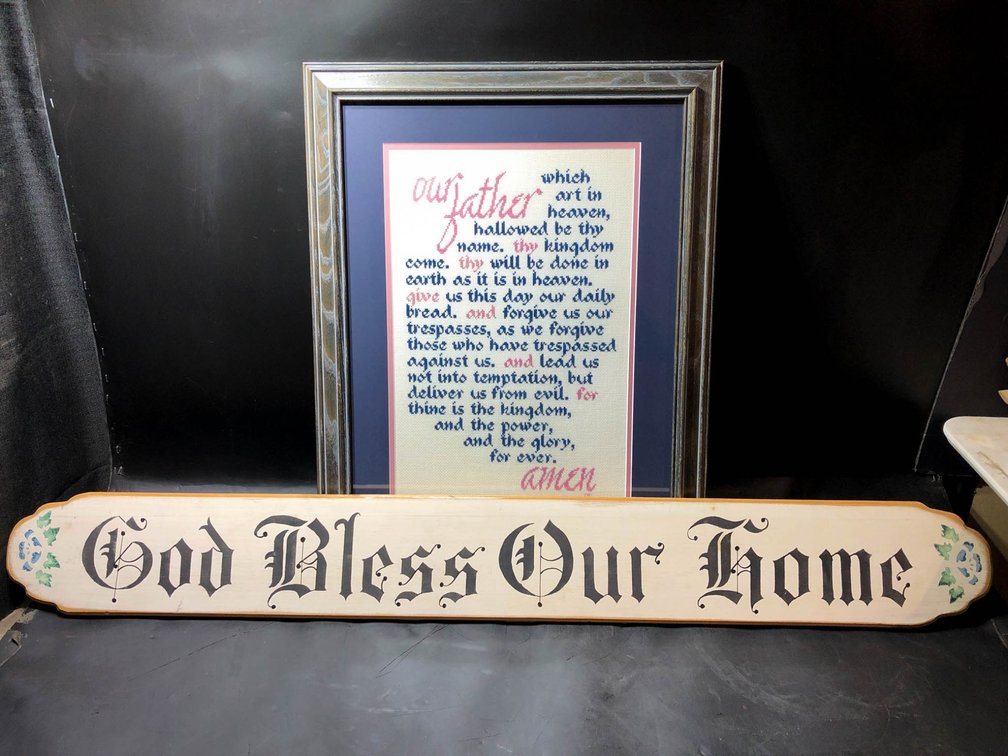 Framed Lord’s Prayer Cross-Stitch Artwork and ‘God Bless Our Home’ Wooden Sign