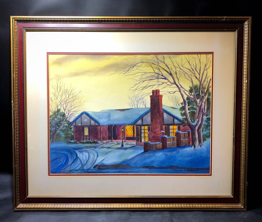Framed Watercolor Painting of Residential Home by Donald A. Michel