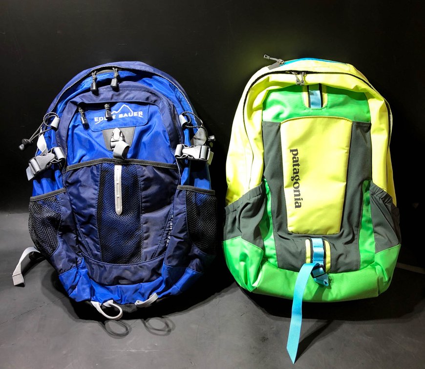2 Backpacks: Eddie Bauer Blue Backpack and Patagonia Green Backpack