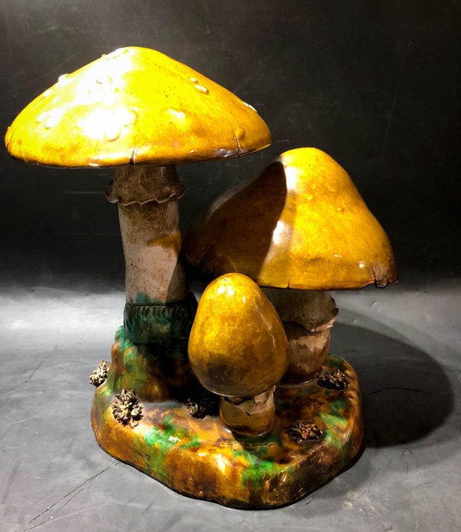 Ceramic Mushroom Cluster Sculpture With Yellow Caps