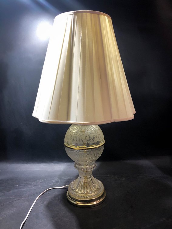 Clear Glass Table Lamp With Brass Accents and Pleated Shade